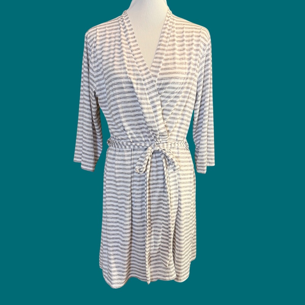 Laura Ashley Robe Women Large Grey White Striped Jersey Knit Wrap Belted Lounger